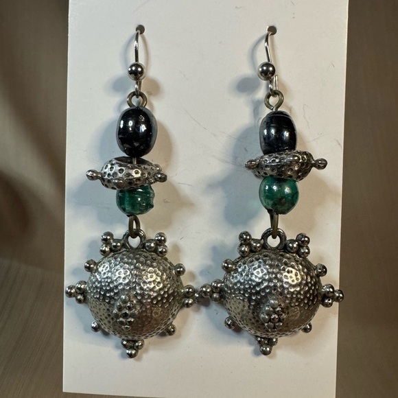 Jewelry - Elegant Hand Crafted Artisan Silver and Green Dangle Earrings